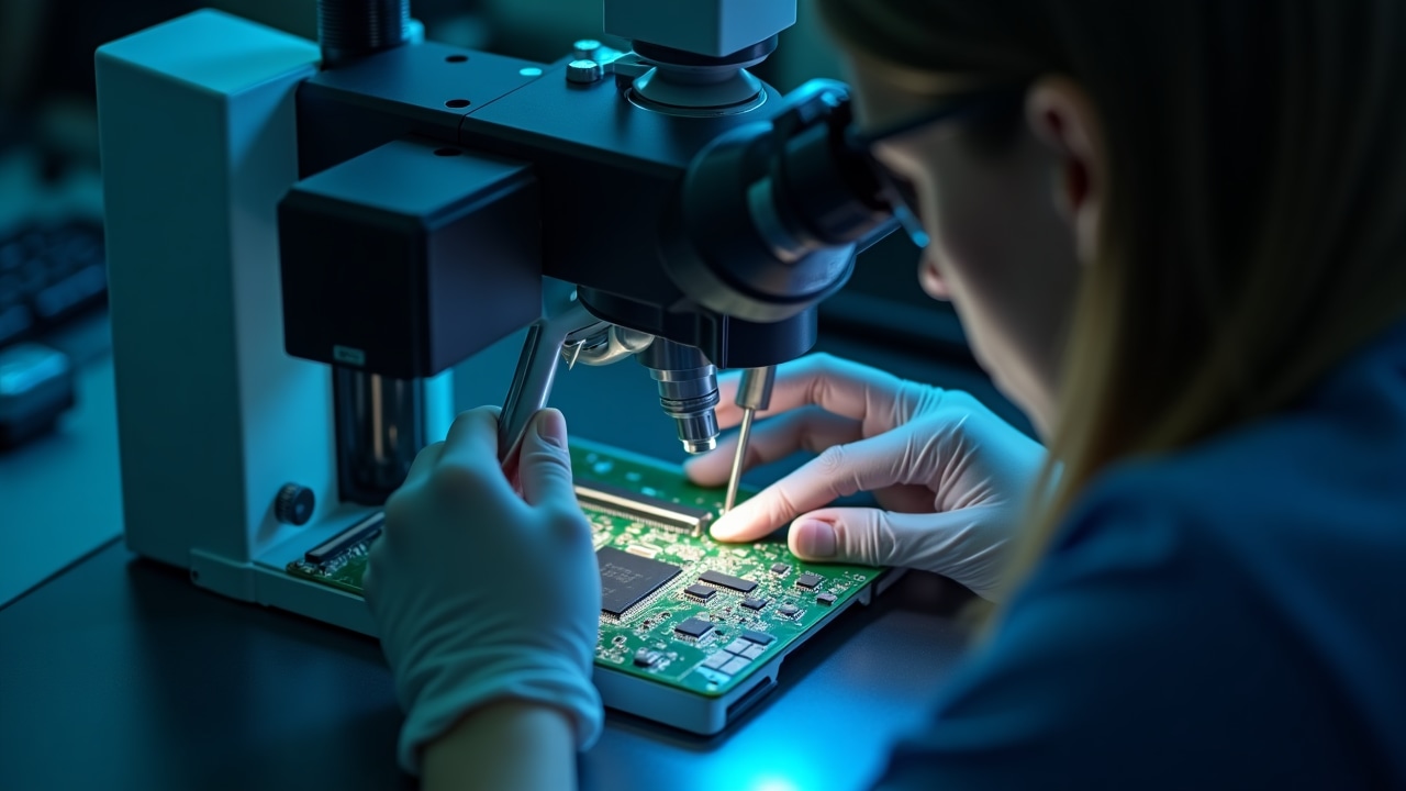 Technician performing microsoldering repair on a hardware wallet circuit board